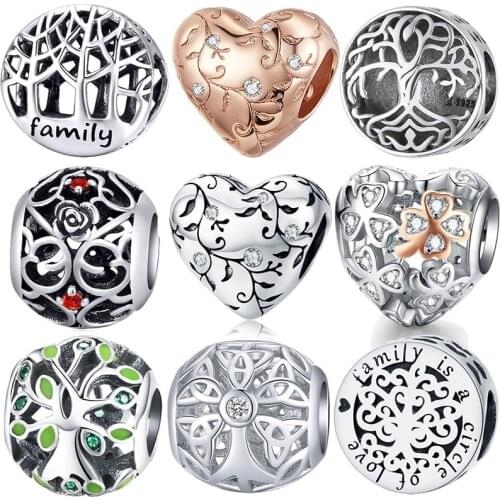 BISAER 925 Sterling Silver Tree Of Life Charm Clear Green CZ Beads Fit Bracelets DIY Jewelry Making Silver 925 Jewelry ECC919
