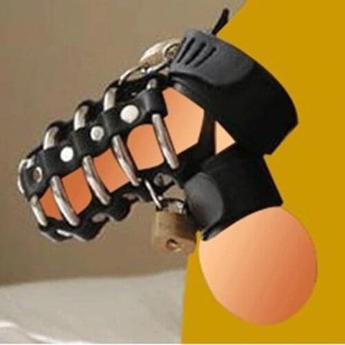 SM Faux Leather Metal Ring Male Chastity Cage Ball Stretcher Cock Ring CBT Restraint Device Lockable Sex Products