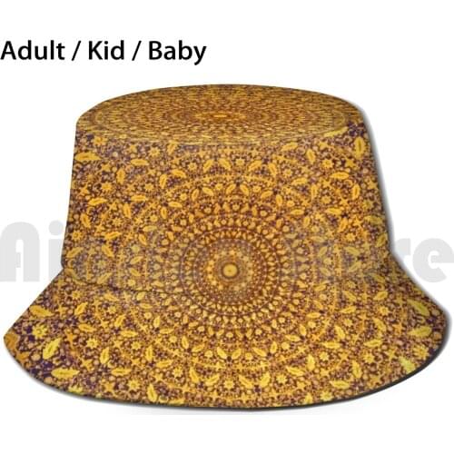 Golden Mandala Sun Hat Foldable UV Protection Mandala Golden Folklore Meditation Tribal Silk Road Medieval Pattern