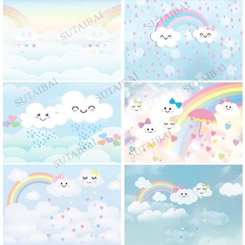 Love Heart Pink Rainbow Smile Baby Clouds Chuva Waterdrop Raindrop Custom Photo Backdrop Background Photography Vinyl Banner