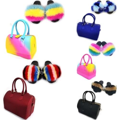 Ladies Furry Slides Colorful Matte Purses Womens Fluffy Fox Fur Slippers Jelly Bag Shoes Sets Female Handbag Rainbow Sandals