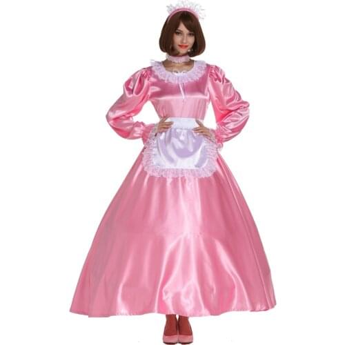 Sissy Girl Maid Round Neck Shiny Satin Long Dress Crossdress Cosplay Costume