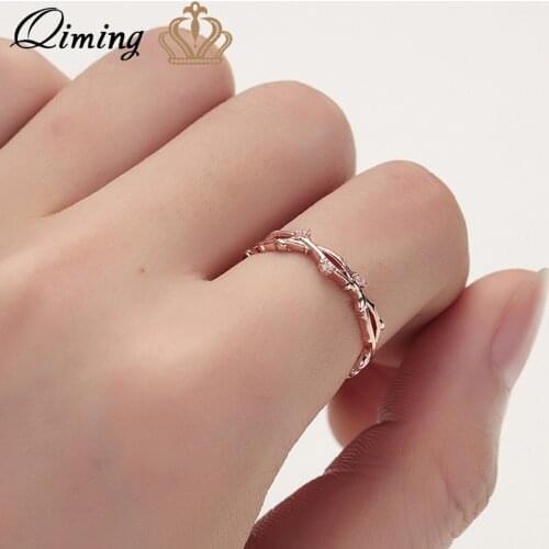 QIMING Simple Branch Womens Crystal Ring Zircon Rose Gold Finger Ring Party fashion Vintage Jewelry Gift Women
