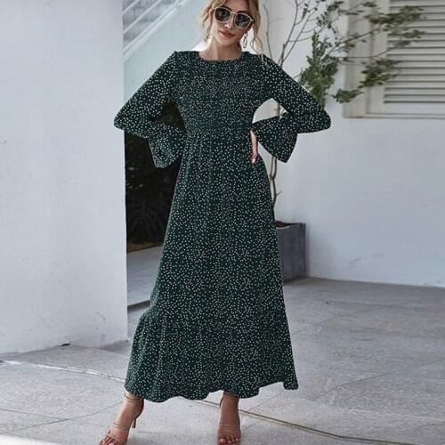 Ladies Autumn Printed Elegant Polka Dot Elastic High Waist Long Sleeve One-piece Dress Womens O-Neck Pullover Bohemian Dresses