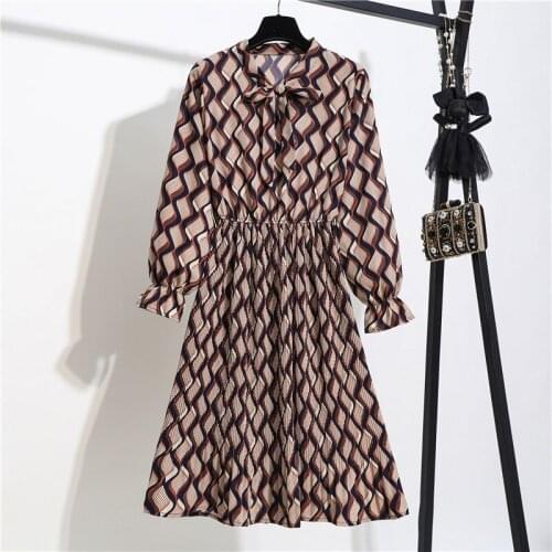 2021 Women Casual Autumn Winter Dress Long Sleeve Bow Collar Lady Korean Style Vintage Floral Printed Chiffon Shirt Long Dresses