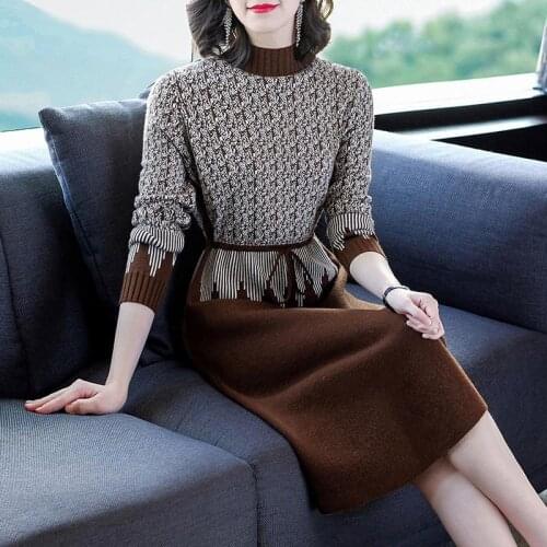 Women Knit Dress 2020 New Female Autumn Winter Dresses Mom Fashion Waist Temperament Dress Womens long Sleeve Sweater Dress