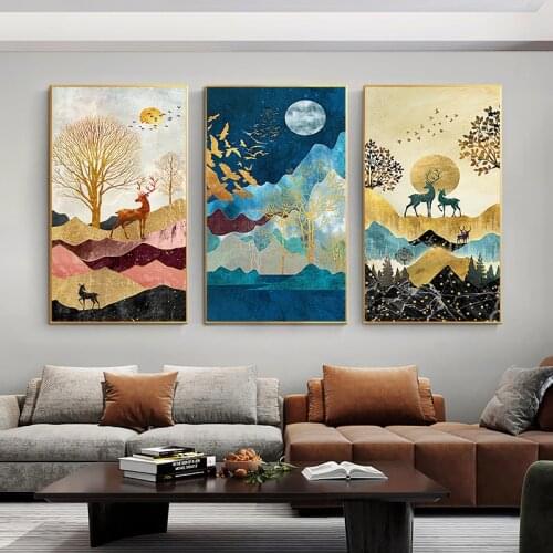Golden Deer Landscape Canvas Poster Print Modern Home Decor Abstract Wall Art Painting Nordic Living Room Decoration Picture