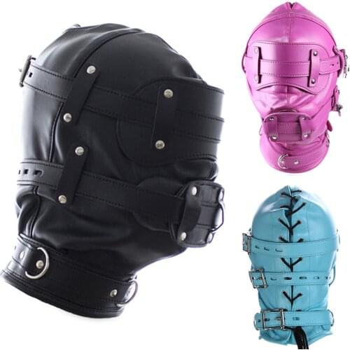 3 Colour Fetish Leather Total Lockdown Bondage Hood with Silicone Mouth Gag Dildo Openable Eye Mask Slave Adult Games Sex Toys