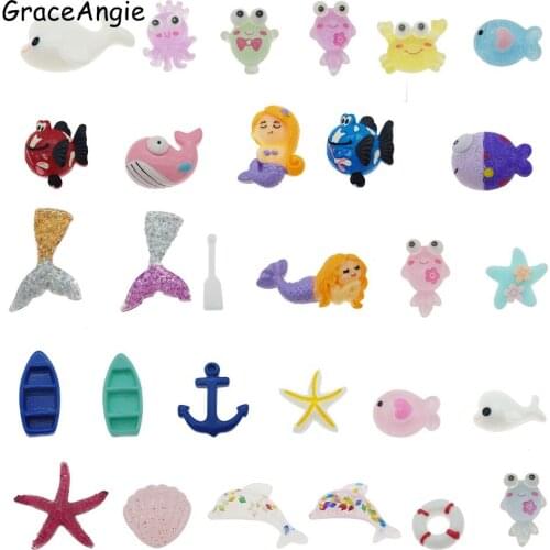 30pcs Mixed Sea Beach Theme Resin Cabochons Whale Mermaids Starfish Boat Fish Jewelry Findings & Components Earring Necklace DIY
