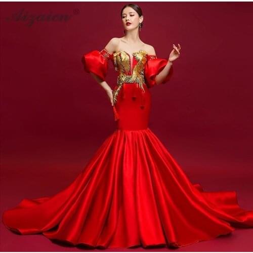 Fashion Red No Shoulder Long Cheongsam Dresses Chinoise Mermaid Stage Show Gown Qi Pao Women Chinese Evening Dress Host Qipao