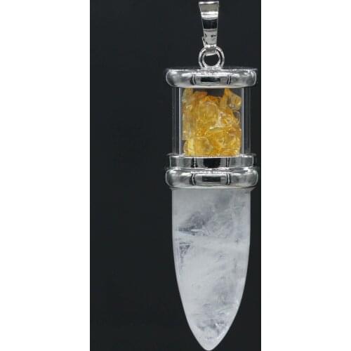 KFT Natural Healing Crystal Quartz Reiki Stone Pendulum Necklace Rock Crystal Citrines Bullet Shape Pendulum Stone Pendant