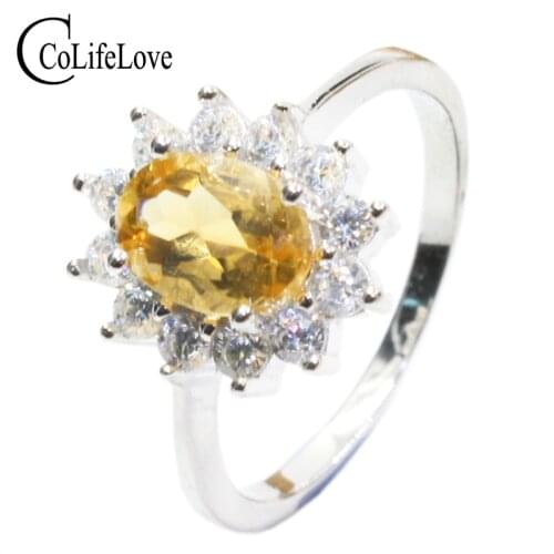 Classic Noble Jewelry Princess Dianas Ring Genuine Yellow Crystal Silver Ring Wedding Ring for Woman Natural Citrine Ring