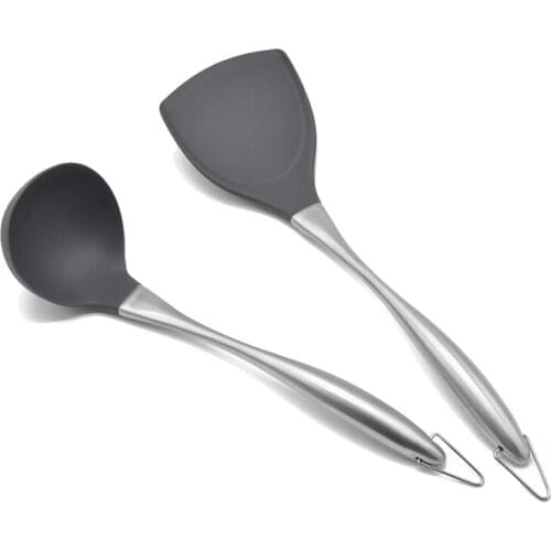 2Pc Kitchen Utensils Silicone Shovel Spatula Soup Spoon Nonstick Cooking Gadgets Stainless Steel Handle Cooking Tools