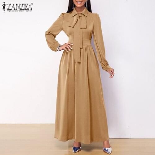 Fashion Women Dress 2021 Spring Long Sleeve Belted Maxi Dresses Vestidos ZANZEA Casual Solid A-line Oversized Party Robe Femme
