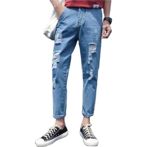 Fashion 2020 Casual hip hop Mens Korean trendy slim feet mens cropped pants hole jeans straight handsome cowboy pencil pants