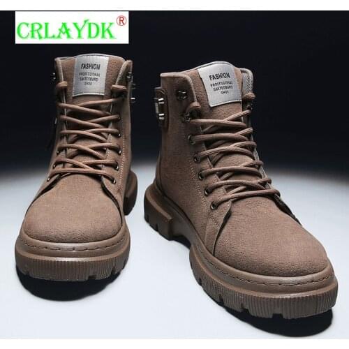 CRLAYDK 2021 Winter Mens Ankle Boots Leather Fashion High Top Shoes Outdoor Warm Hiking Zipper Tooling Male Work Snow Boties