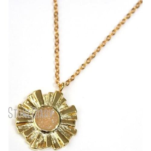 10Pcs Necklaces White Shimmer Round Shape Druzy Crystal Radial Gold Plating Hexagon Chains Necklaces 18inch-32inch NM12496