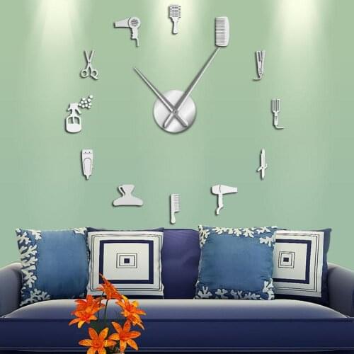 Hair Cut Hairdresser Tool DIY Wall Sticker Quartz Clock Frameless Giant Wall Clock Living Room Barber Shop Room Decor