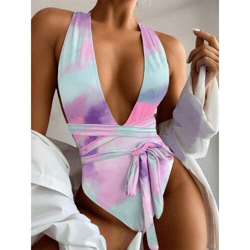 GossinaSwimsuit One Piece Swimwear Cross Bandage Bathing Suits Summer Beachwear Tie Dye Bodysuits Jump Suits for Women 2021