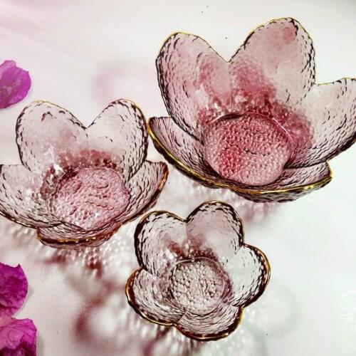 Gold Inlay Cherry Blossom Glass Bowl Nodic Style Fruit Salad Bowl Matte Transparent Flower Shape Dessert Plate