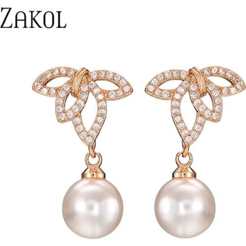 ZAKOL ZAKOL Fashion Pearl Jewelry for Women White Gold Color Leave Shape CZ Drop Earrings Wedding Party Boucle D'oreille Femme