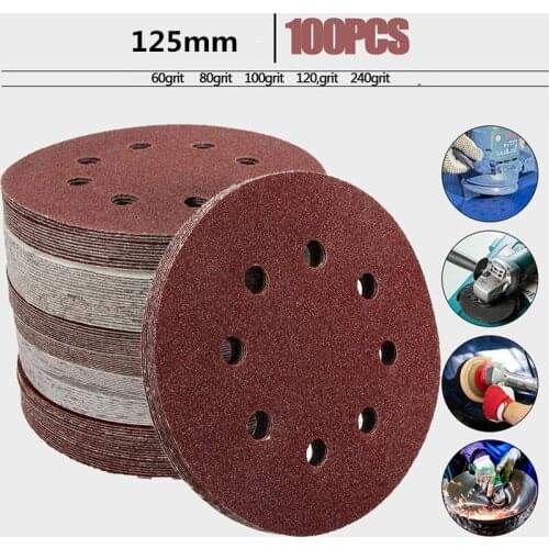 100Pcs/set 8 Hole Sander Polishing Pad 125mm 60/80/100/120/240 Grit Round Shape Sanding Discs Buffing Sheet Sandpaper