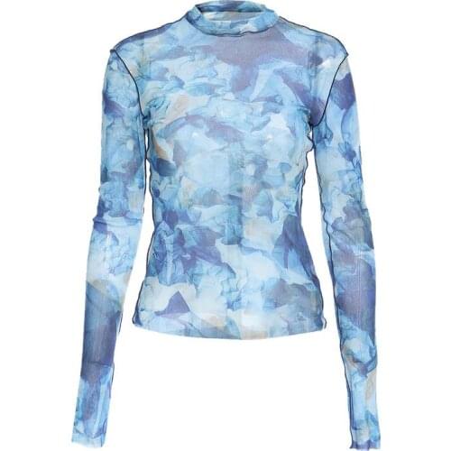 High Street Women Autumn Fashion Sexy Blue Rendering Mesh Yarn See-Through Top Elastic Long Sleeve Slim Shirt Clothing