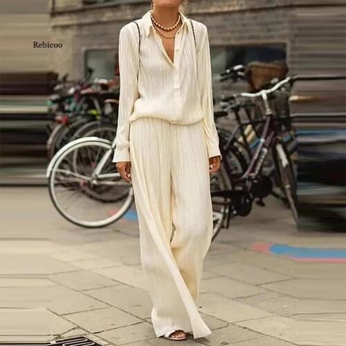Elegant Casual Two-Piece Suit Women Single Breasted V-Neck Shirts + Solid Long High Waist Pants Vintage Loose Office Lady Suits