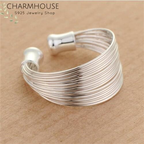 Charmhouse Sterling 925 Silver Rings For Women Multi Line Open Ring Adjustable Wedding Band Fashion Jewelry Bague Anillo Bijoux