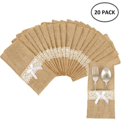 20pcs Natural Jute Burlap Cutlery Holders Packaging Fork and Knife Cutlery Pouch for Wedding Party Birthday Tableware Supplies
