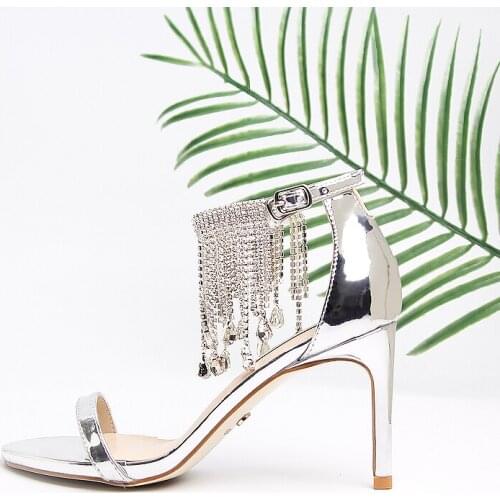 2021 summer new sexy sandals one word buckle rhinestone tassel female high heels all-match fashionable wedding shoes