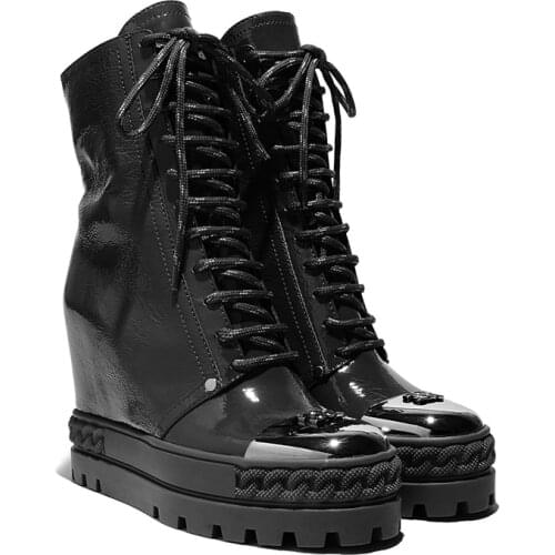 New thick platform sole inner height increased ankle boots patent leather round metal toe zipper martin boots high top sneaker