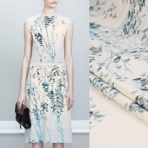 113CM Wide 40MM Ink Green Print Heavy Silk Fabric for Summer Spring Dress Shirt Cheongsam Skirt Pants Suit E1319