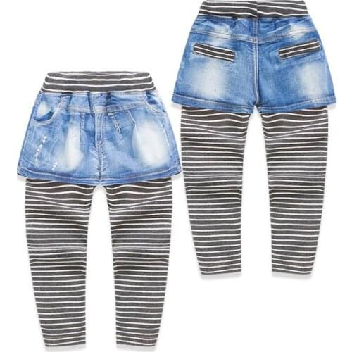 Korean Childrens Garment 2016 Spring Baby False 2 Pieces Cowboy Tight Pants Stripe Underpant Children Leisure Time Long Pants