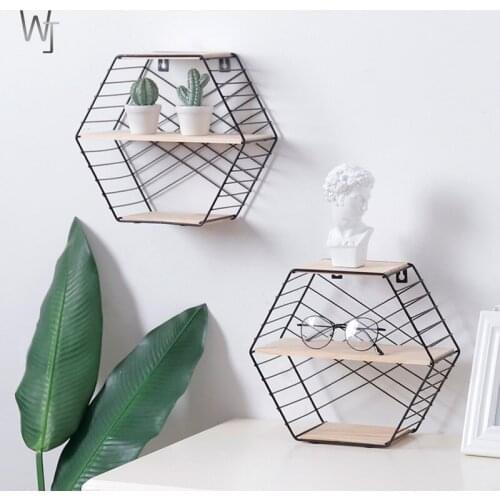 Wrought Iron Double-layer Grid Rack Living Room Wall Hexagonal Ornament Finishing Wall Hanging