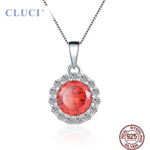 CLUCI 925 Silver Zircon Inlay Red CZ Round Pendant Women Accessories Jewelry Gift Charms Necklace Pendant DP015SB