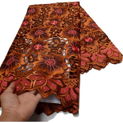 Jen High quality New design Handcut holed coffee embroidery swiss voile lace for Wedding Clothes African lace fabric with stones