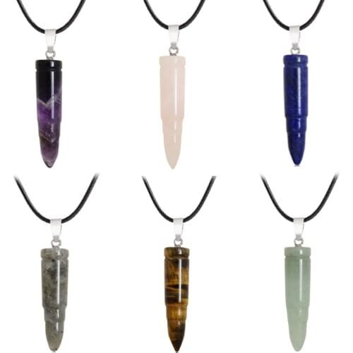Bullet Shape Stone Pointed Pendant with PU Cord Creative Unique High Grade Natural Necklace Silvertone New Coming Design
