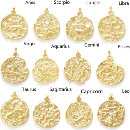 12 Constellation Zodiac Charms for Jewelry Making Bulk Gold Diy Earring Necklace Lucky Accessories Metal Copper Zircon 5mm Hole