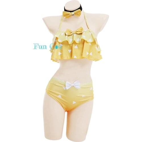 Anime Demon Slayer Swimsuit Bikini Agatsuma Zenitsu Cosplay Costume Hairpin Woman Sexy Beach Swimwear Bathing Suit Woman Girls