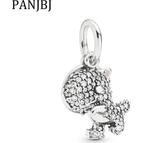 New Original Silver Plated Bead Pave Dinosaur Dangle Pendant Charm Clear CZ Enamel Fit Bracelet Bangle DIY Women Jewelry