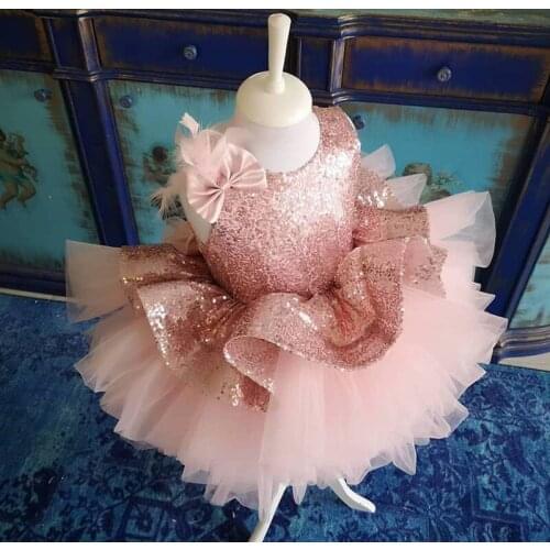 Pink Sequined Flower Girl Dresses Knee Length Baby Girls First Birthday Dresses Puffy Communion Pageant Dresses Clothes