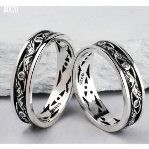 S925 pure silver jewelry eye of Horus, Thai silver feather vintage woman ring ladies ins tide index finger tail ring personality