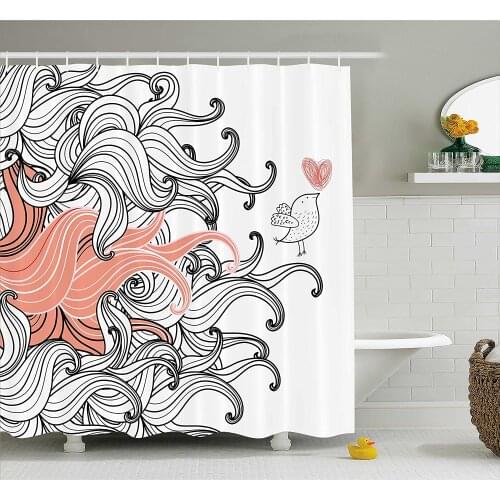 Modern Decor Shower Curtain Graphic Swirls Wave Like Minimalist Pattern with Bird and Hearts Bath Curtains for Bathroom Decor