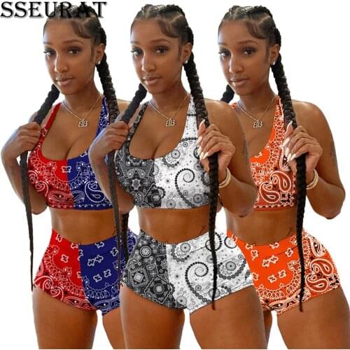 SSEURAT Womens Fashion Sports Vest Beach Style Contrast Printed Pants Two Pieces Set Sleeveless Suit