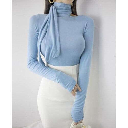GGRIGHT Women 2021 Long Sleeve Bow Slim Casual Spring Summer Sexy T Shirts Lady Fashion Korean Knitted Basic Top Tee Turtleneck