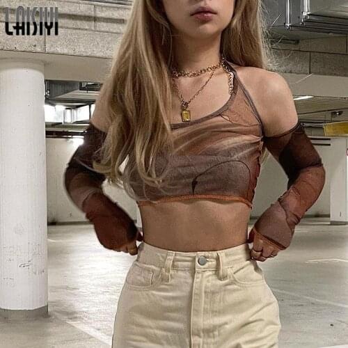 Printed Brown Mesh Top With Gloves y2k Vintage Crop Top Women Grunge 2021 New Fashion Sweats Summer Camis Korean Tee Shirt Tops