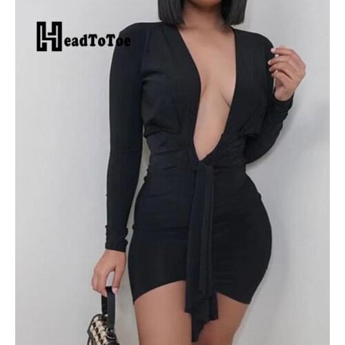 Solid Lace Up Sexy Brief Dresses for Women Full Sleeve Deep V Neck Above Knee Slim Dress Women