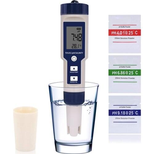 Water Quality Tester for Laboary Pools 5 in 1 PH Meter TDS Detector Conductivity Measure Tool Salinity Test Pen Temp EC Monitor