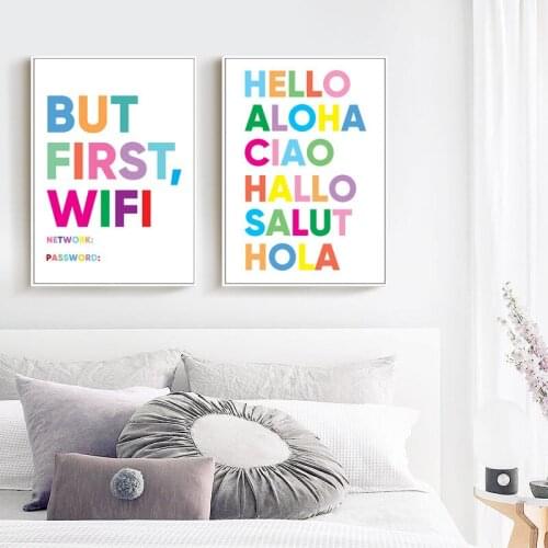 Canvas Painting Colorful English Word Posters And Prints Wifi Code Wall Art Pictures Hello In World Language Home Room Decor